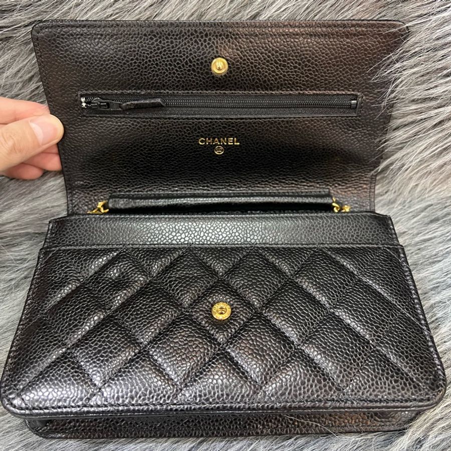 Chanel A33814 黑色 荔枝皮 金釦 Woc 鍊子錢包 斜背包 鍊子皮夾-9