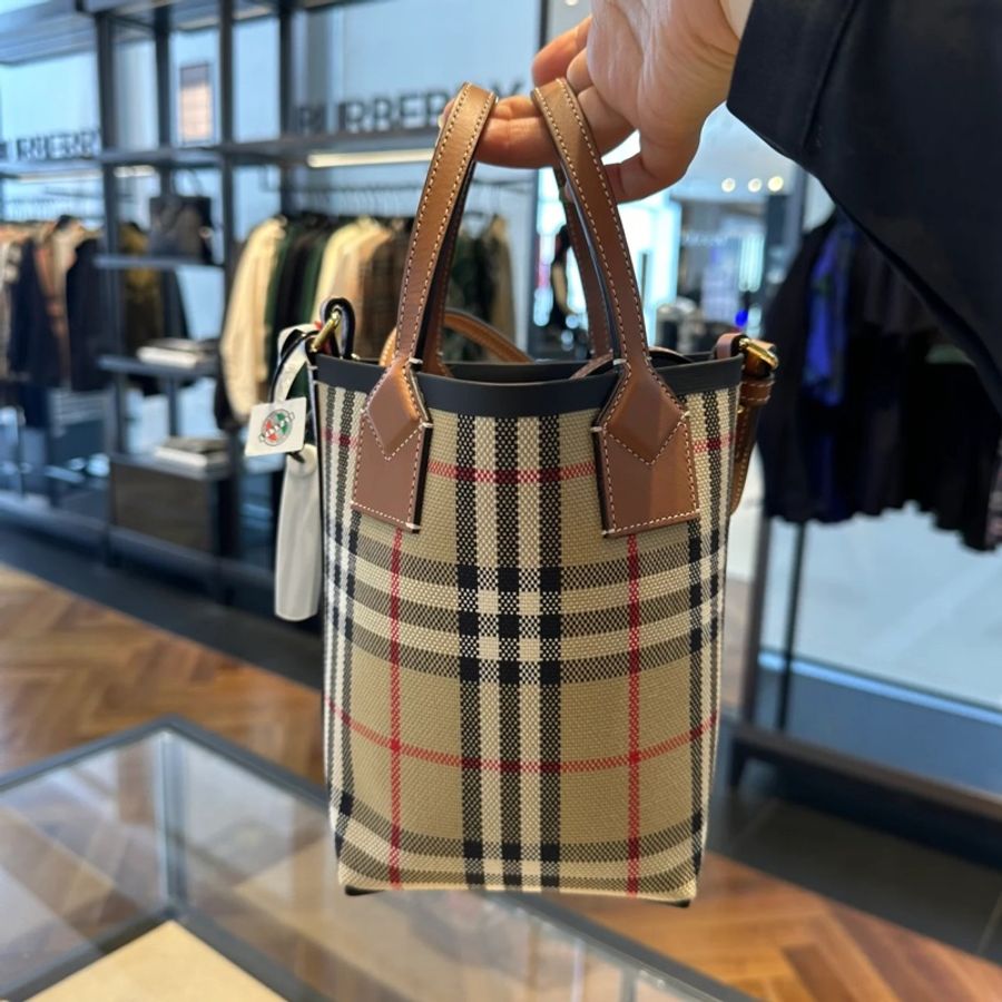 BURBERRY London經典格紋迷你托特包(卡其)-6