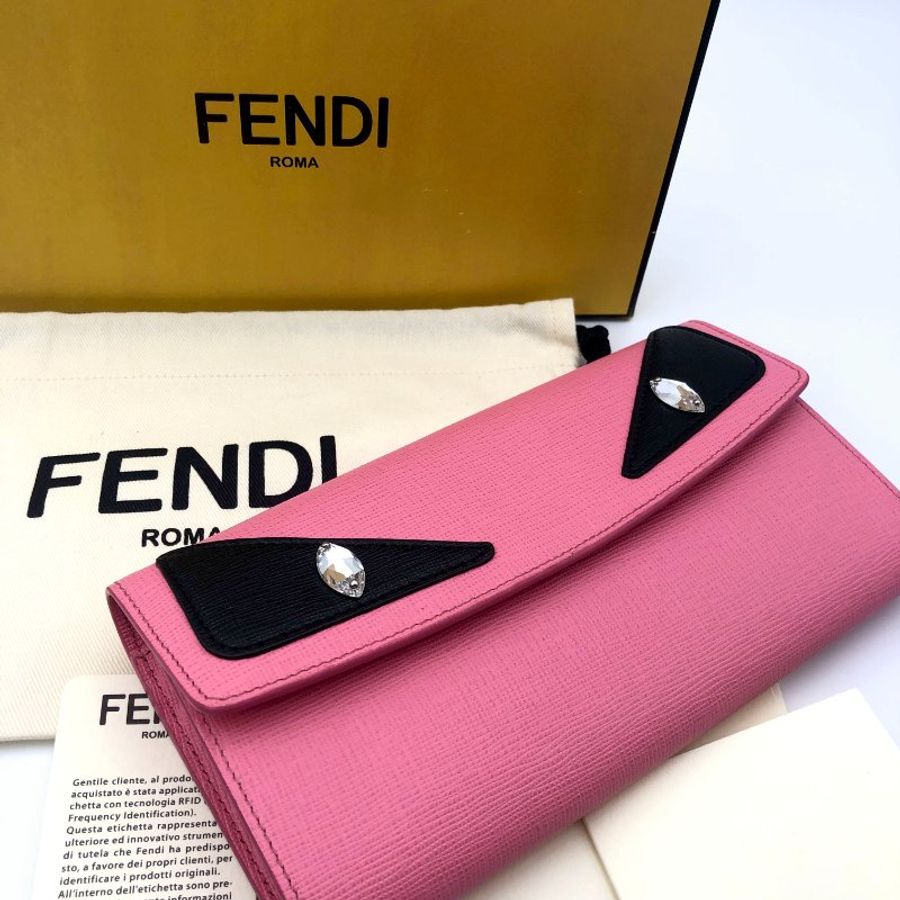 【極新全套配件】FENDI 經典Monster系列寶石小怪獸扣式長夾,CRAYONS系列,小牛皮,女夾,手拿包,二手真品,現貨【已售出】-1