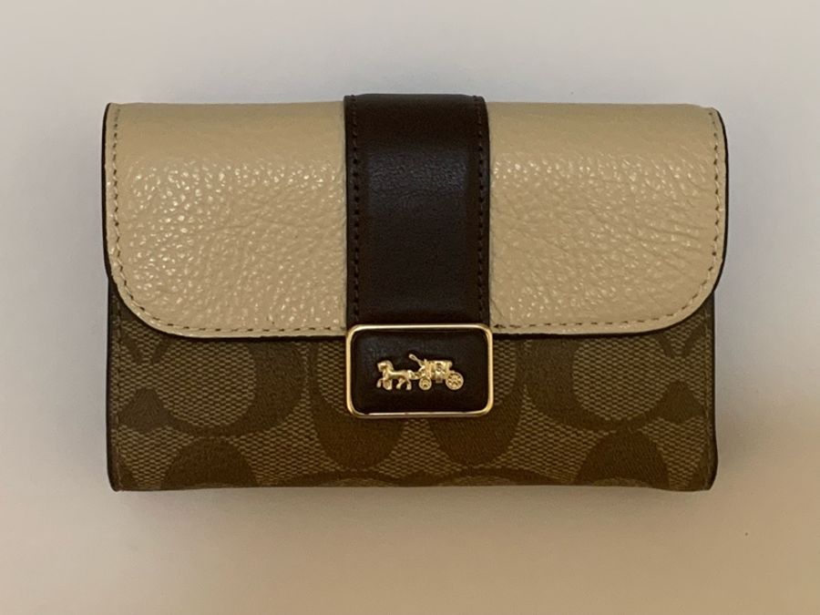 Coach 金屬LOGO經典C字印花拼接三折零錢中夾-0