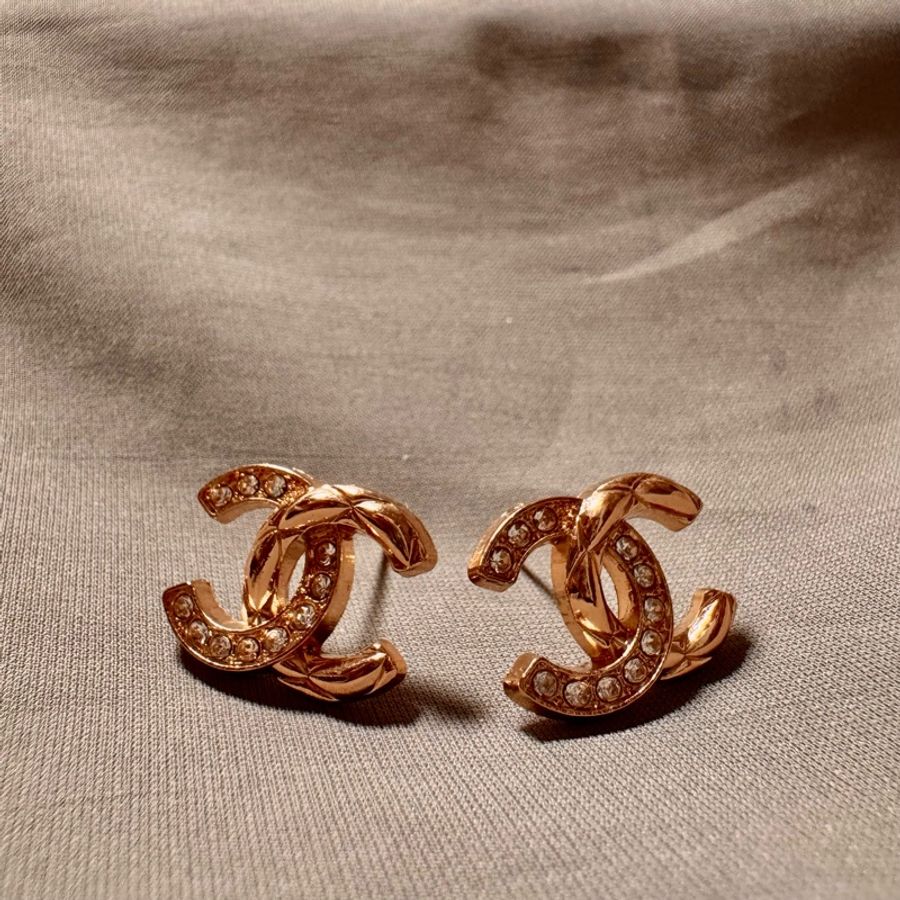 Chanel Vintage 金色水鑽菱格耳環-1