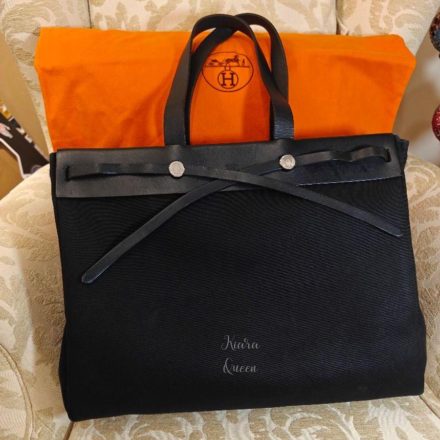 ✨馬年成為養馬人🔥Hermès Hermes herbag cabas 40 vintage bag 愛馬仕 黑色 大托特包 帆布包 手袋 側揹包 手提包 媽媽包 上班族 電腦包 筆電包 公事包-3