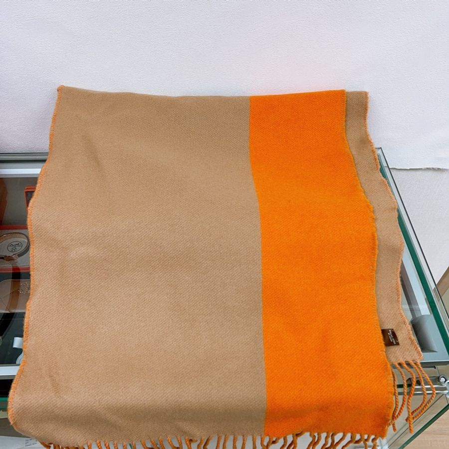 Hermes scarf/ muffer 橙色拼卡其色圍巾 頸巾-3