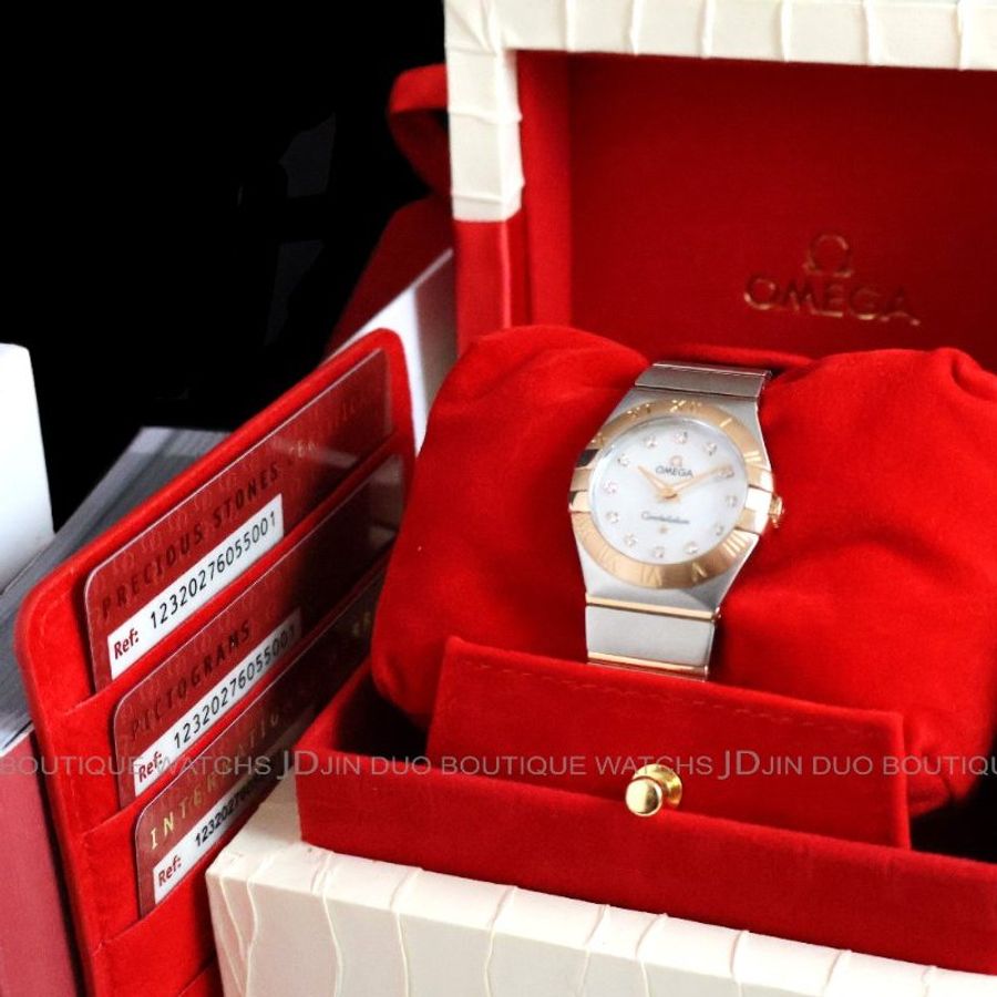 金鐸精品~2346 OMEGA 歐米茄 constellation 星座系列18K玫瑰金珍珠母貝面27mm石英女用鑽錶-5