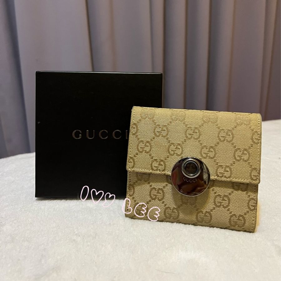 GUCCI 古馳 120932 GG 圖案 GG 帆布 x 皮革雙折錢包 短夾 棕色拼紅 二手精品-0