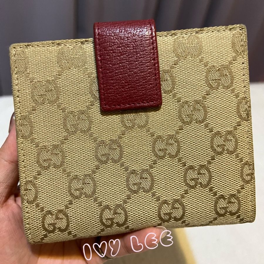 GUCCI 古馳 120932 GG 圖案 GG 帆布 x 皮革雙折錢包 短夾 棕色拼紅 二手精品-25