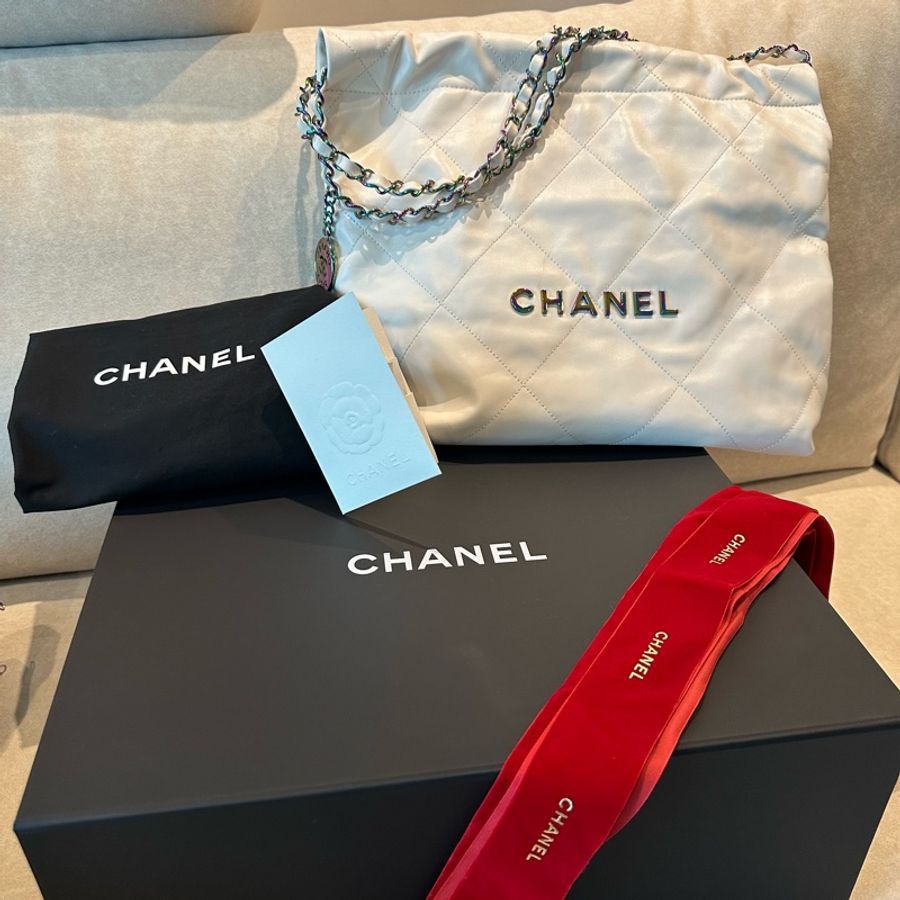 稀有香奈兒Chanel 22 小號白色閃亮小牛皮 / 彩虹金屬-18