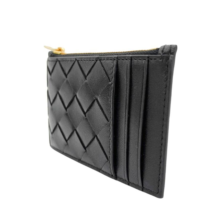 Bottega Veneta 編織皮革拉鍊零錢片卡包(680613-黑)-1