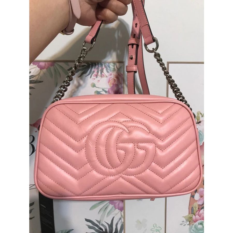 GUCCI GG Marmont 山型紋絎縫相機包(粉/24cm) 全新(不可議)-1