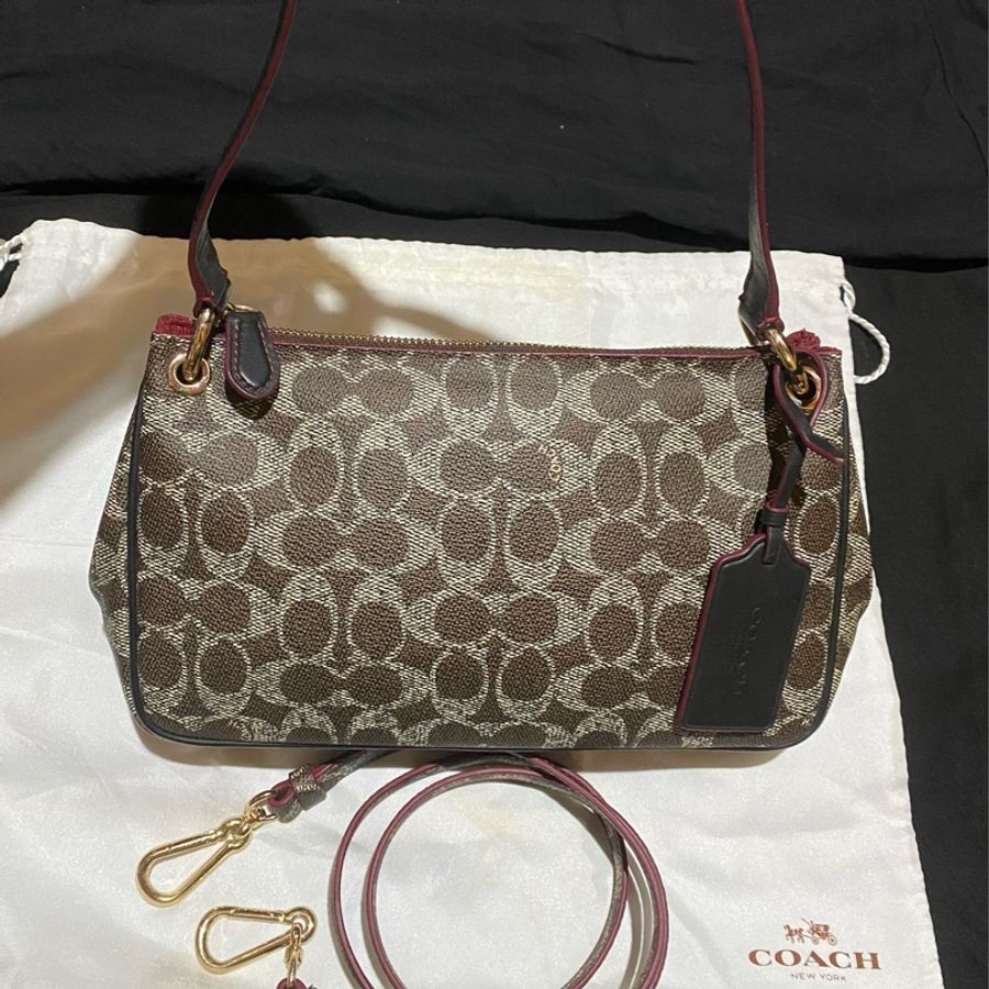 COACH 老花咖啡皮革肩背包 斜背包 側背包 單肩包-5