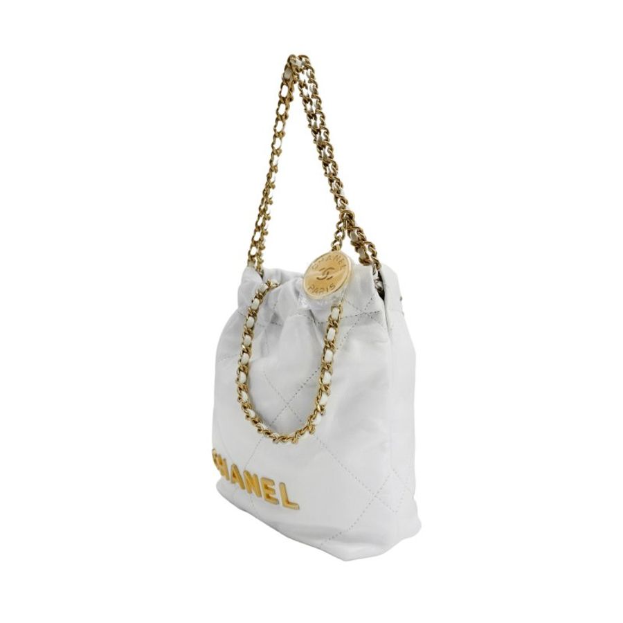 Chanel 展示品 22 Mini 菱格牛皮金鍊手提斜背兩用包(白)-1