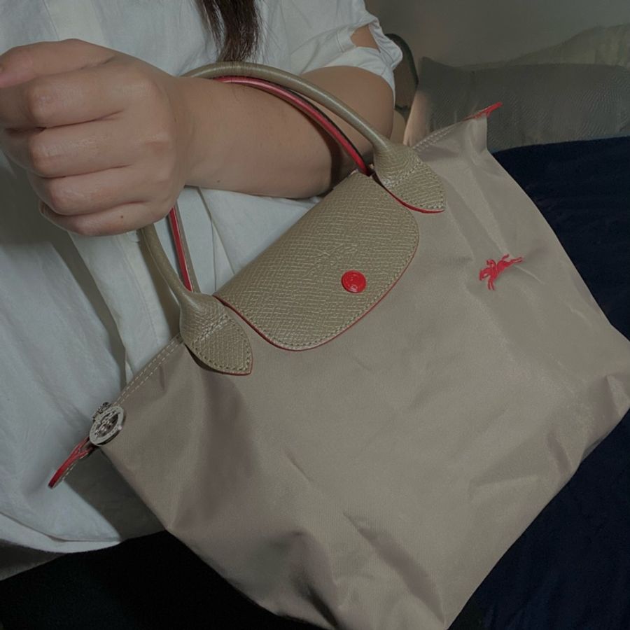 LONGCHAMP 70週年紀念款-經典LE PLIAGE刺繡暗釦/拉鍊短提把尼龍水餃包(小-棕色)-1