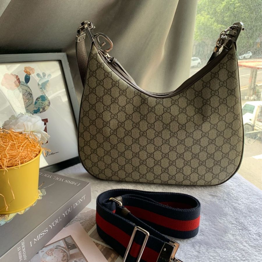 GUCCI Attache GG Supreme 帆布中款餃子包/二用包(米色/烏木色)-0