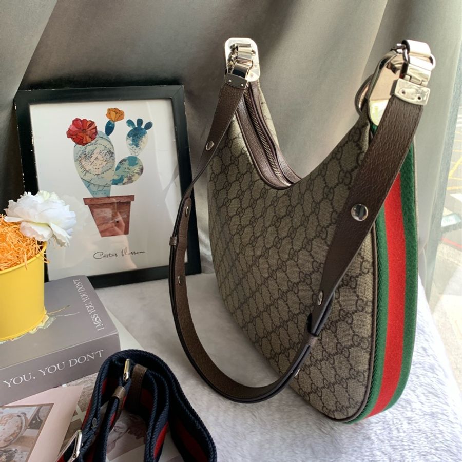 GUCCI Attache GG Supreme 帆布中款餃子包/二用包(米色/烏木色)-3