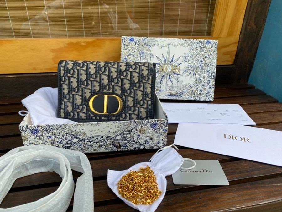 全新DIOR Oblique 藍色緹花布二合一 30 montaigne蒙田腰包金鏈斜背包-0
