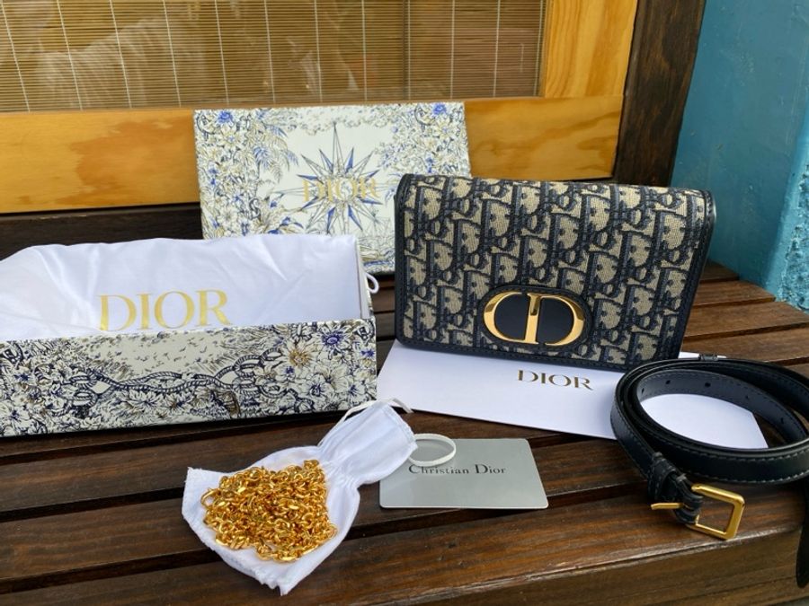 全新DIOR Oblique 藍色緹花布二合一 30 montaigne蒙田腰包金鏈斜背包-2