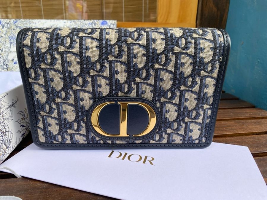 全新DIOR Oblique 藍色緹花布二合一 30 montaigne蒙田腰包金鏈斜背包-3