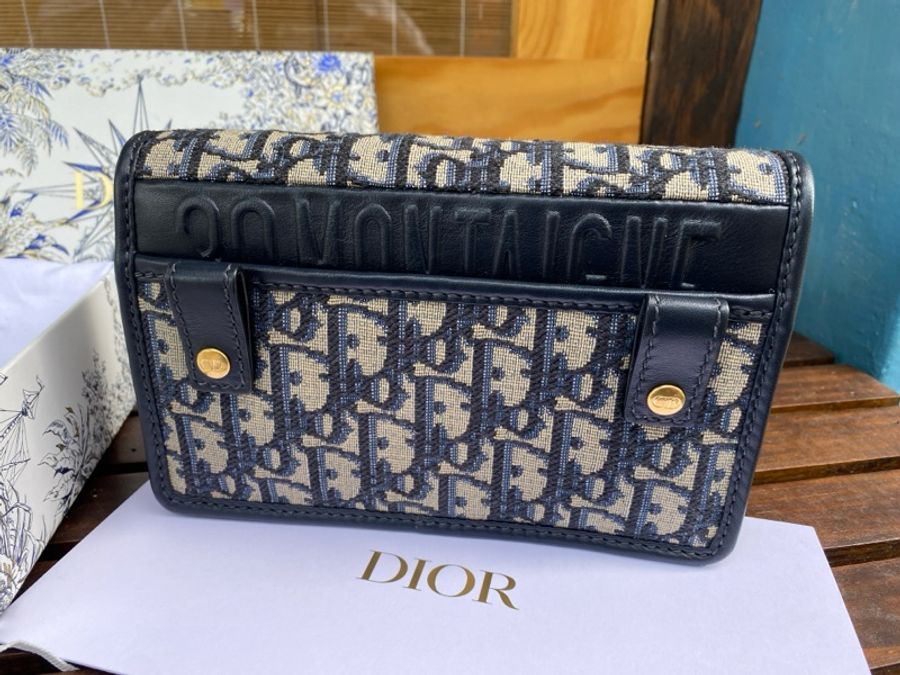 全新DIOR Oblique 藍色緹花布二合一 30 montaigne蒙田腰包金鏈斜背包-4