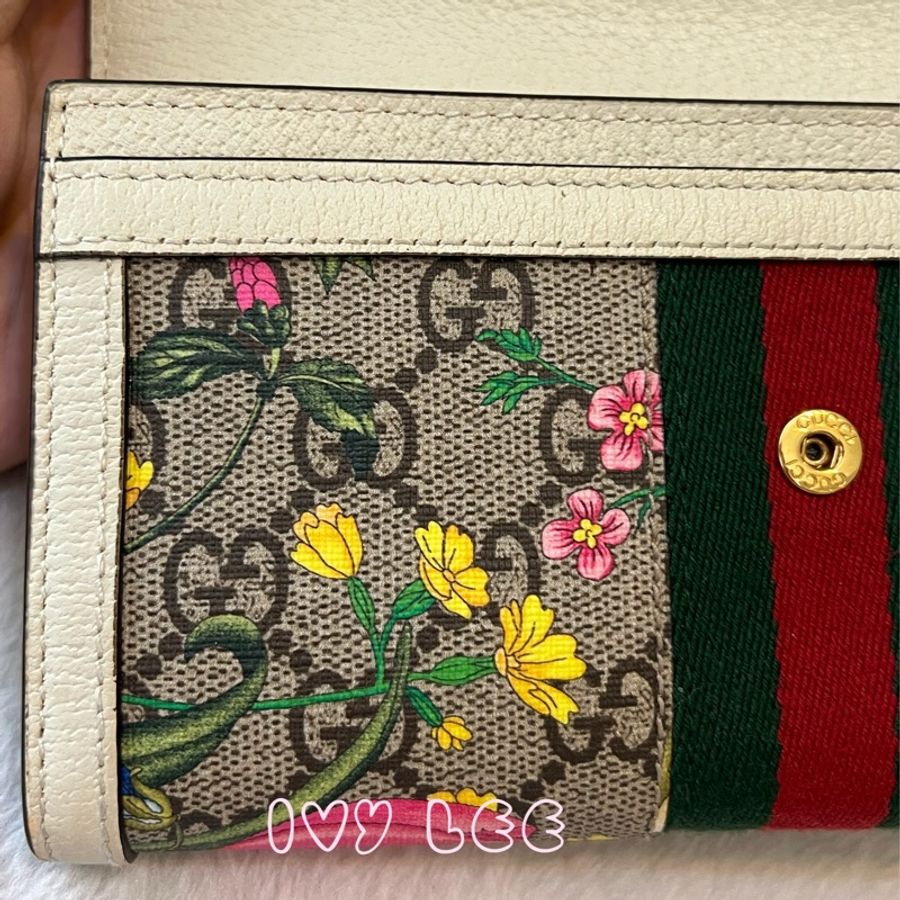 Gucci 523153 OPHIDIA 象牙色花卉 印花按扣折疊長夾 二手精品-20