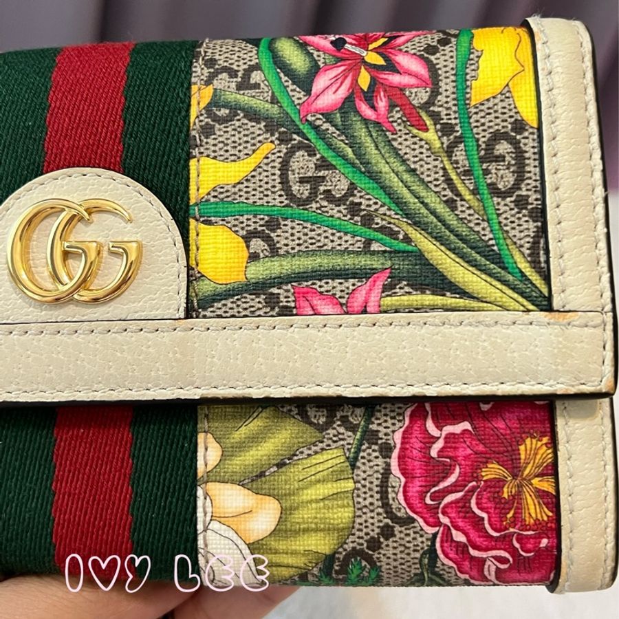 Gucci 523153 OPHIDIA 象牙色花卉 印花按扣折疊長夾 二手精品-27