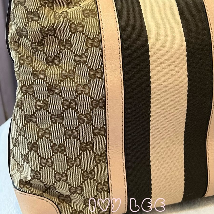 GUCCI GG 單肩包 托特包 帆布 257084 粉膚拼色線條 二手精品-18