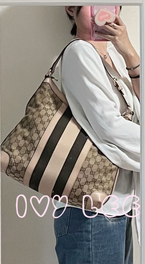 GUCCI GG 單肩包 托特包 帆布 257084 粉膚拼色線條 二手精品-23