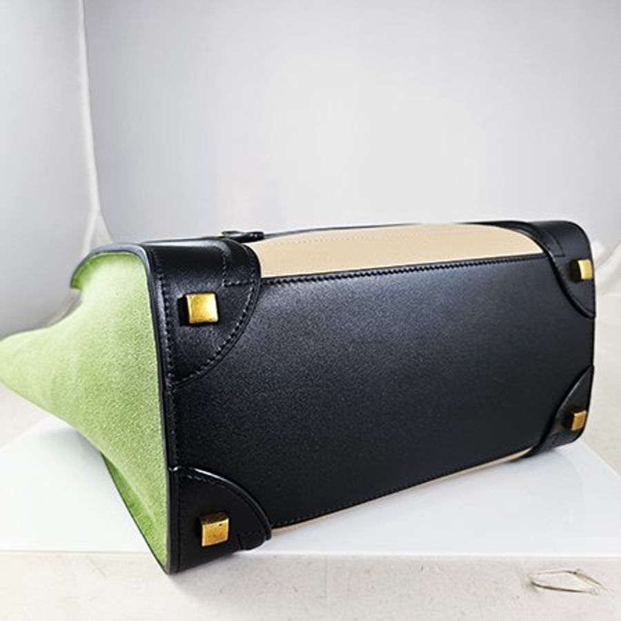 CELINE 草綠色麂皮/黑/卡其 牛皮三拼色MICRO LUGGAGE冏臉手提包-3