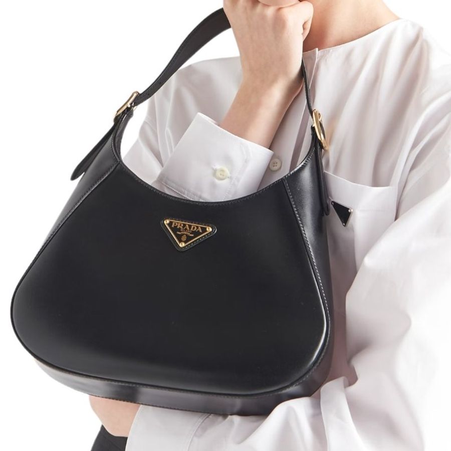 🌸2025春夏新品🌸Prada 1BC179 中款柔滑小牛皮革掛肩 Hobo 流浪包    黑色-18