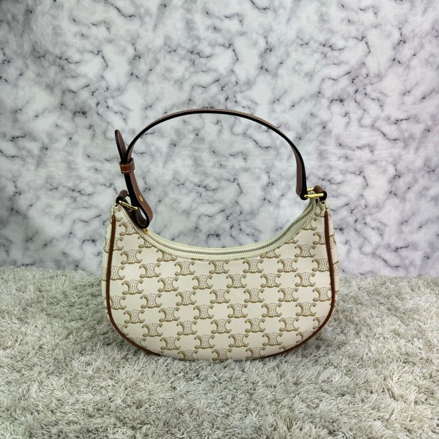 Celine Ava 復古老花腋下包 月亮包 白色-0