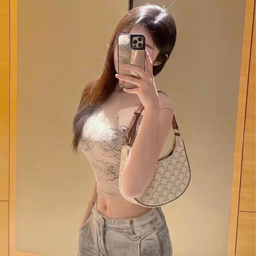 Celine Ava 復古老花腋下包 月亮包 白色-32