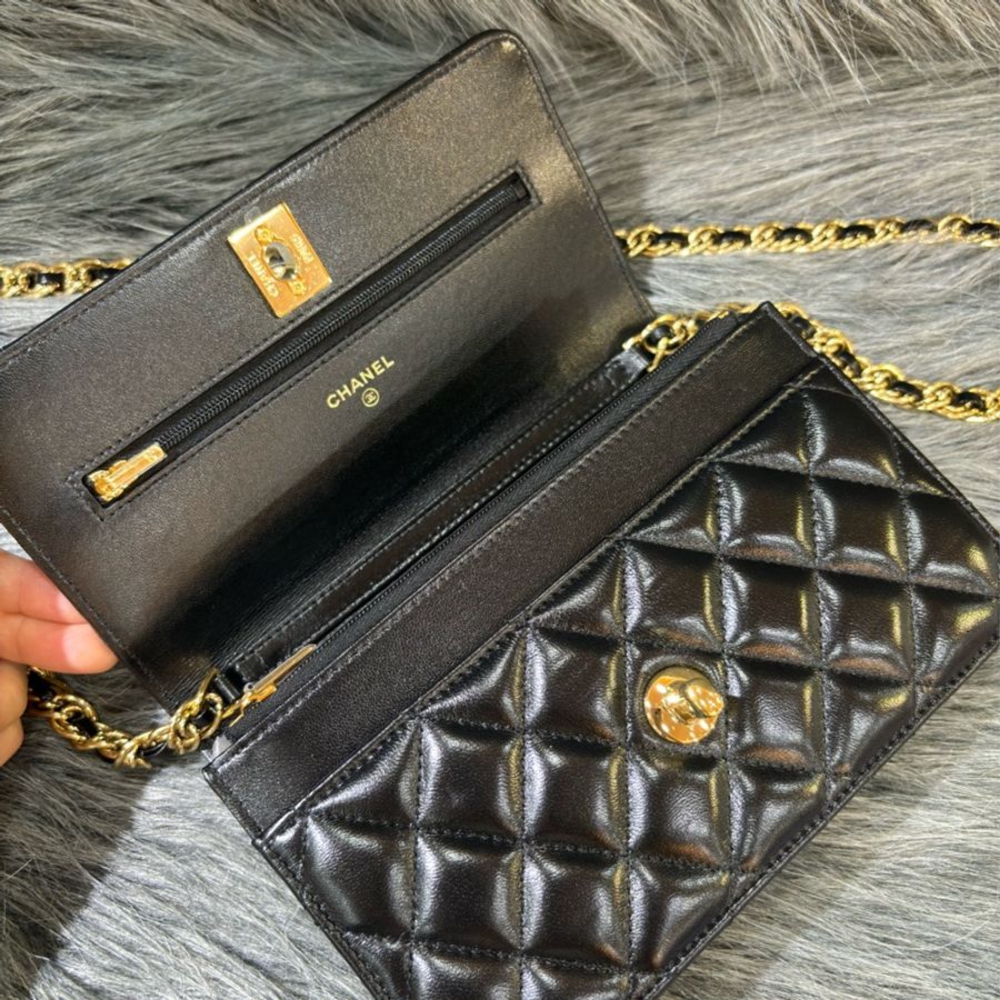 CHANEL AP3310 黑色 牛皮 金鍊 鏈帶 WOC 肩背包 斜背包 發財包 鏈子皮夾-10