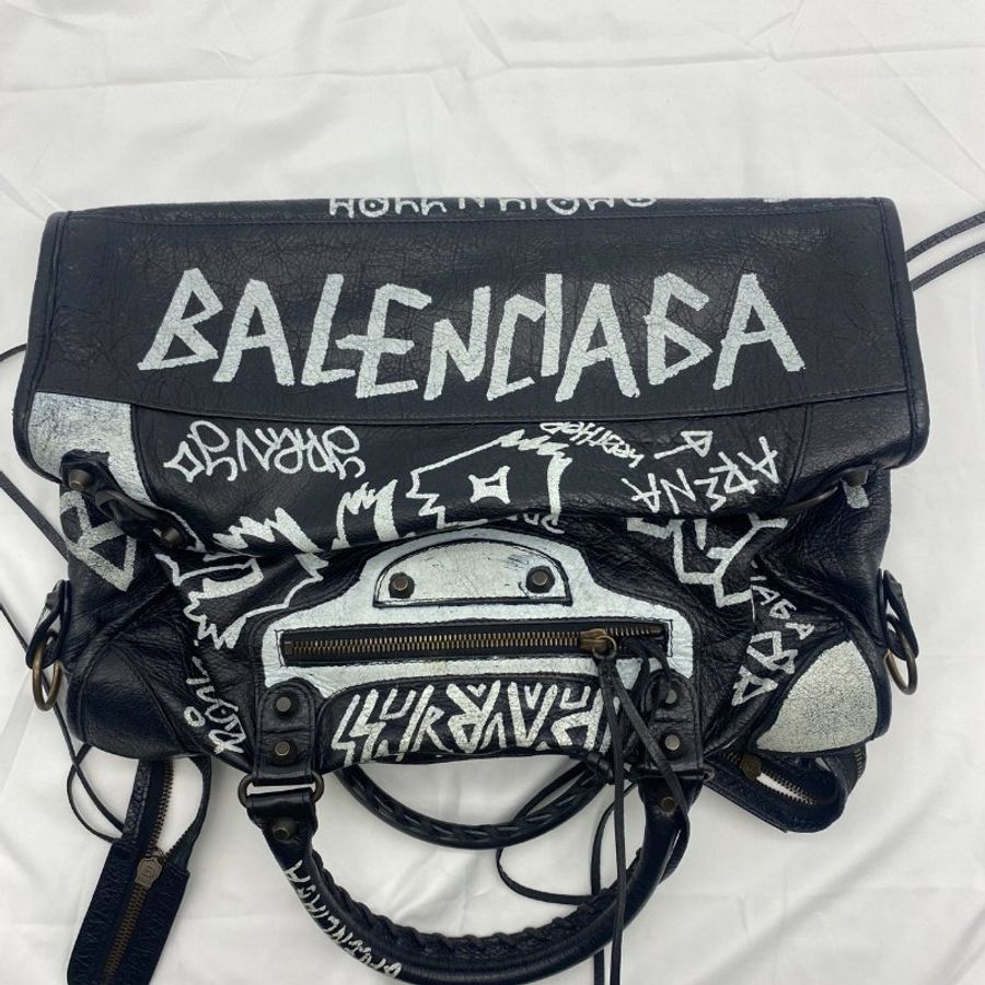 Balenciaga 巴黎世家 黑色塗鴉款CITY機車包/手提肩背包/斜背包-3