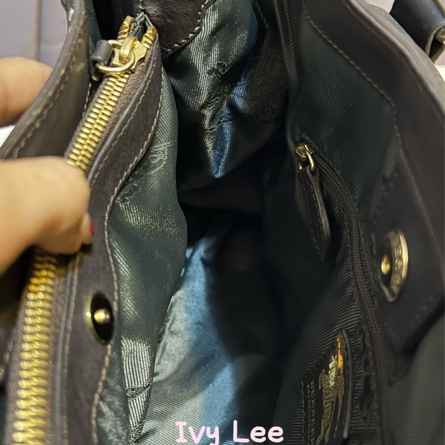 Burberry深棕色皮革 Harwood 鑲嵌托特包 手提包 通勤包 二手精品-10