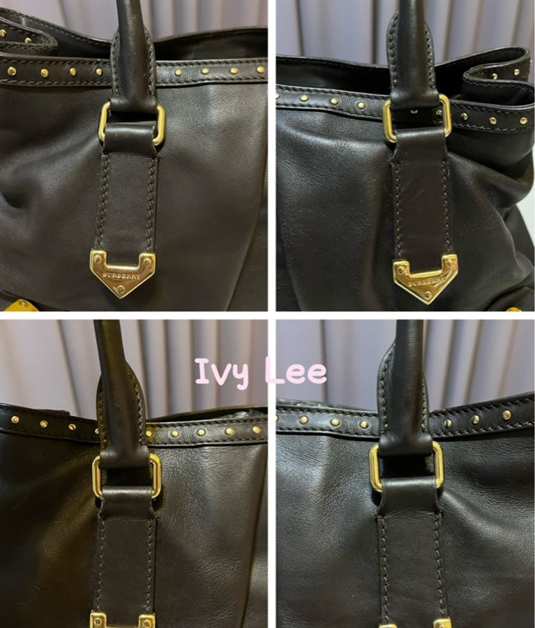 Burberry深棕色皮革 Harwood 鑲嵌托特包 手提包 通勤包 二手精品-16