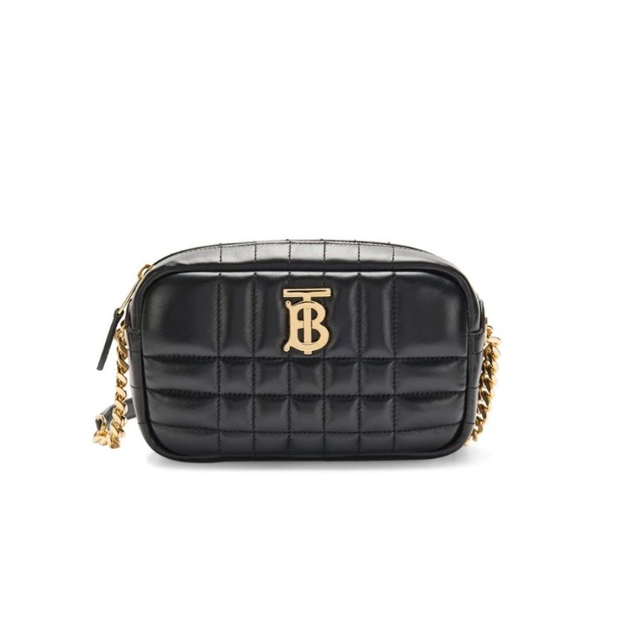 【BURBERRY 巴寶莉】專櫃經典款金字LOGO格紋絎縫設計小羊皮拉鍊式斜背包(迷你款)-0
