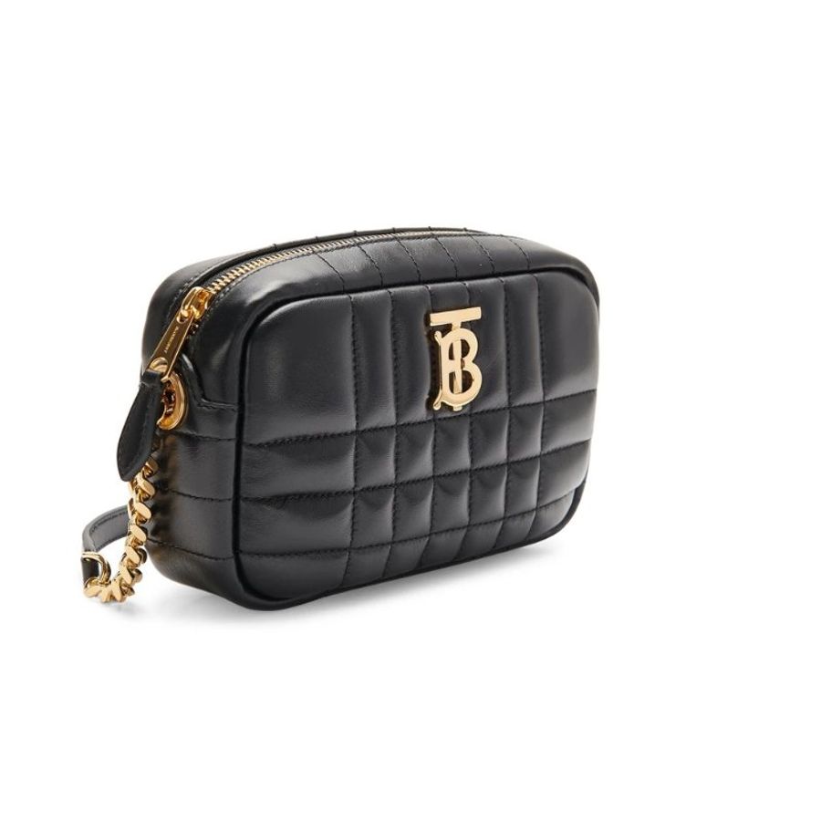 【BURBERRY 巴寶莉】專櫃經典款金字LOGO格紋絎縫設計小羊皮拉鍊式斜背包(迷你款)-2