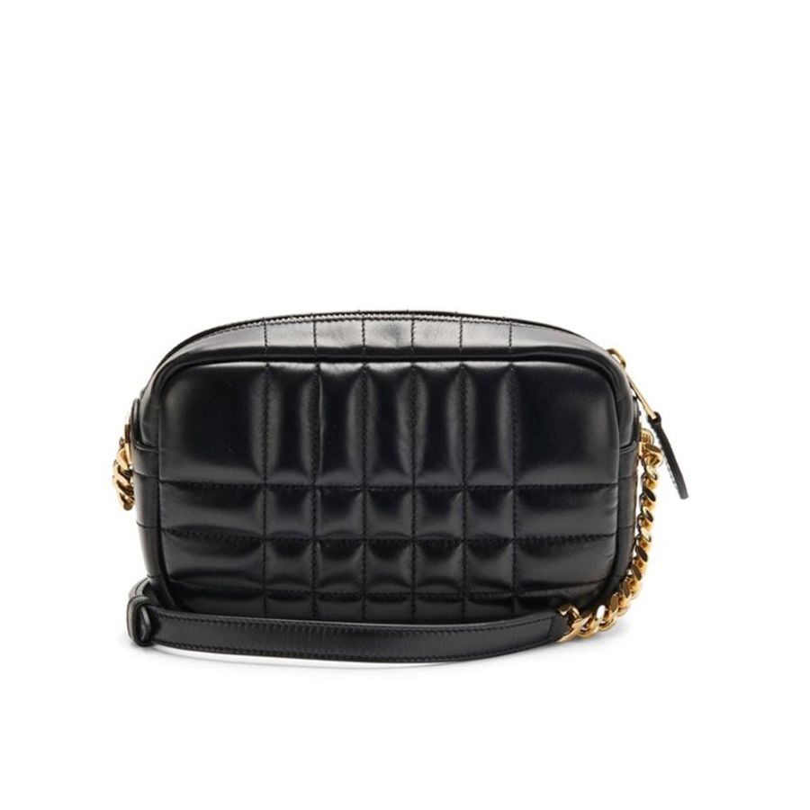 【BURBERRY 巴寶莉】專櫃經典款金字LOGO格紋絎縫設計小羊皮拉鍊式斜背包(迷你款)-3