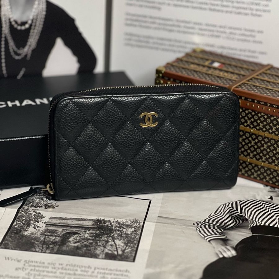 Chanel 經典黑色拉鍊荔枝中夾-1