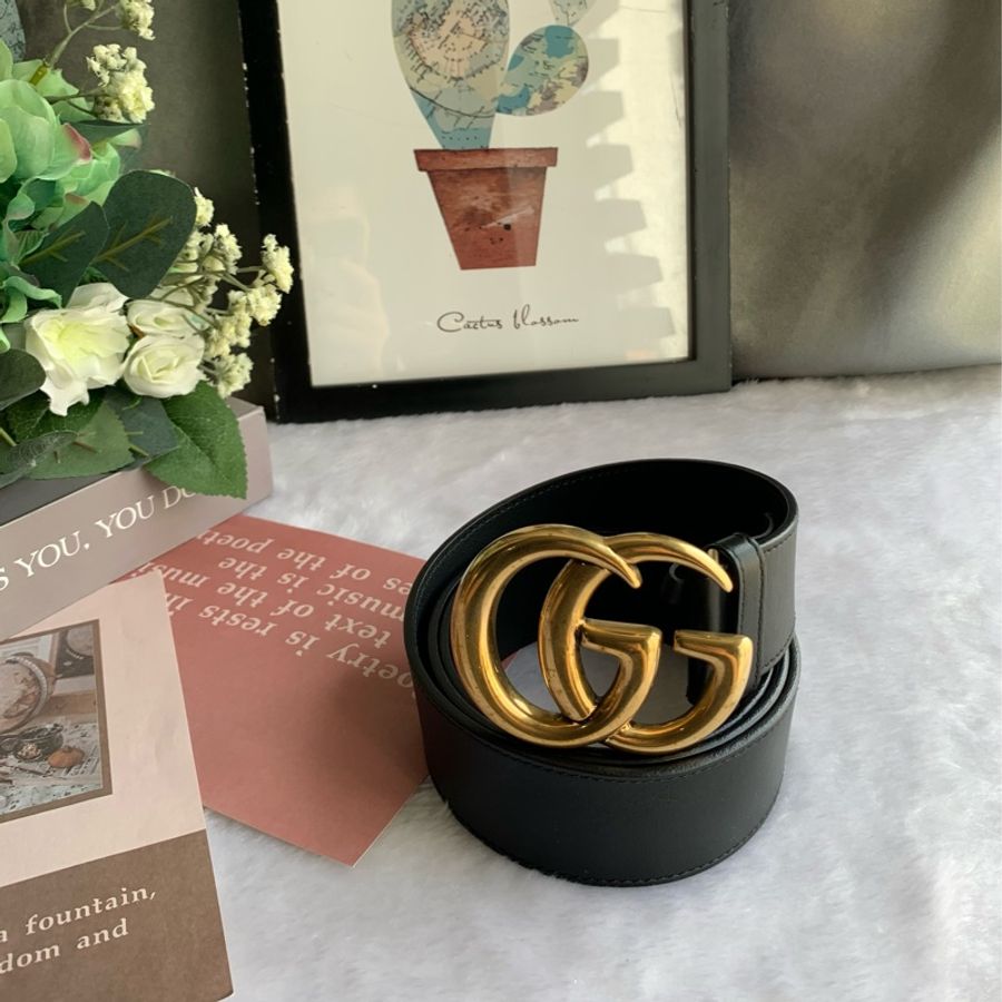 GUCCI 大雙G霧金Logo牛皮4CM寬皮帶110cm(黑色)-0