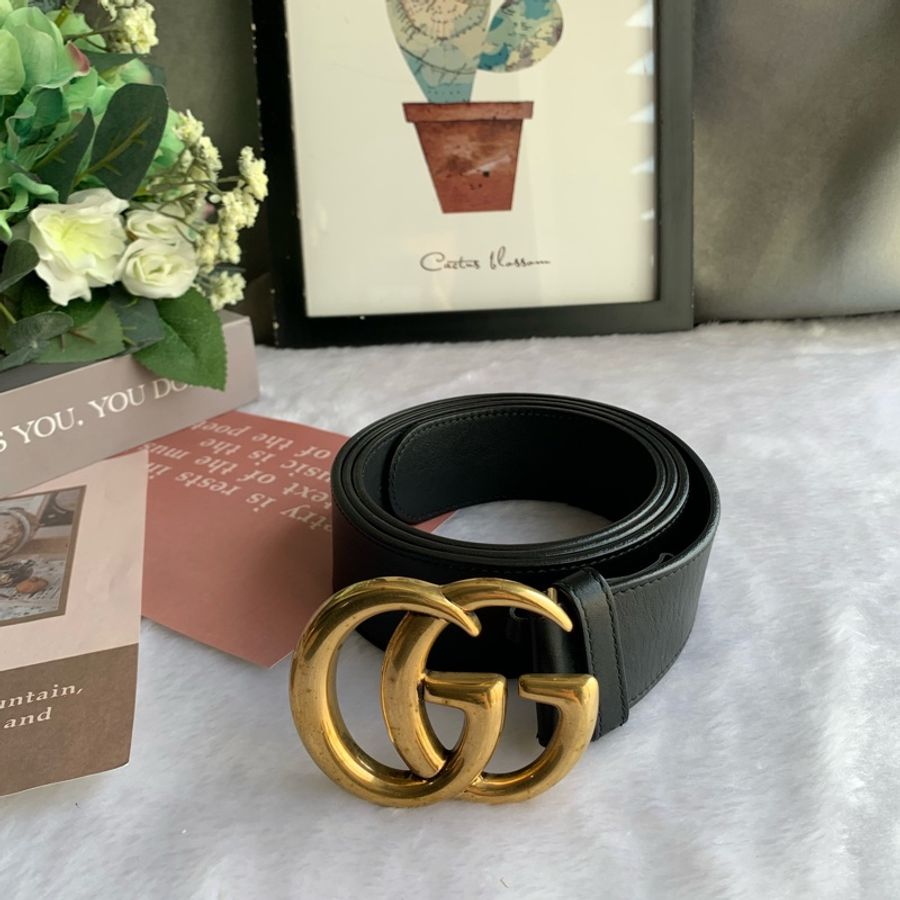 GUCCI 大雙G霧金Logo牛皮4CM寬皮帶110cm(黑色)-1