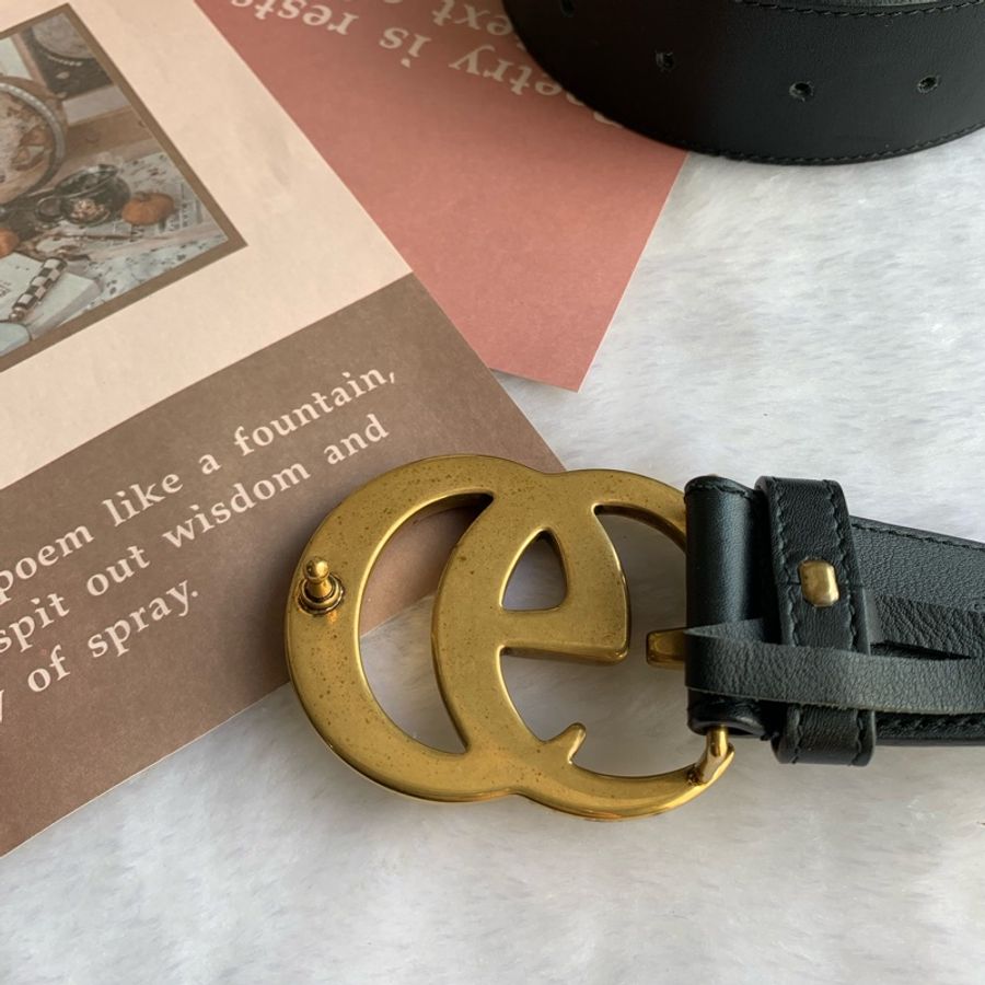 GUCCI 大雙G霧金Logo牛皮4CM寬皮帶110cm(黑色)-5