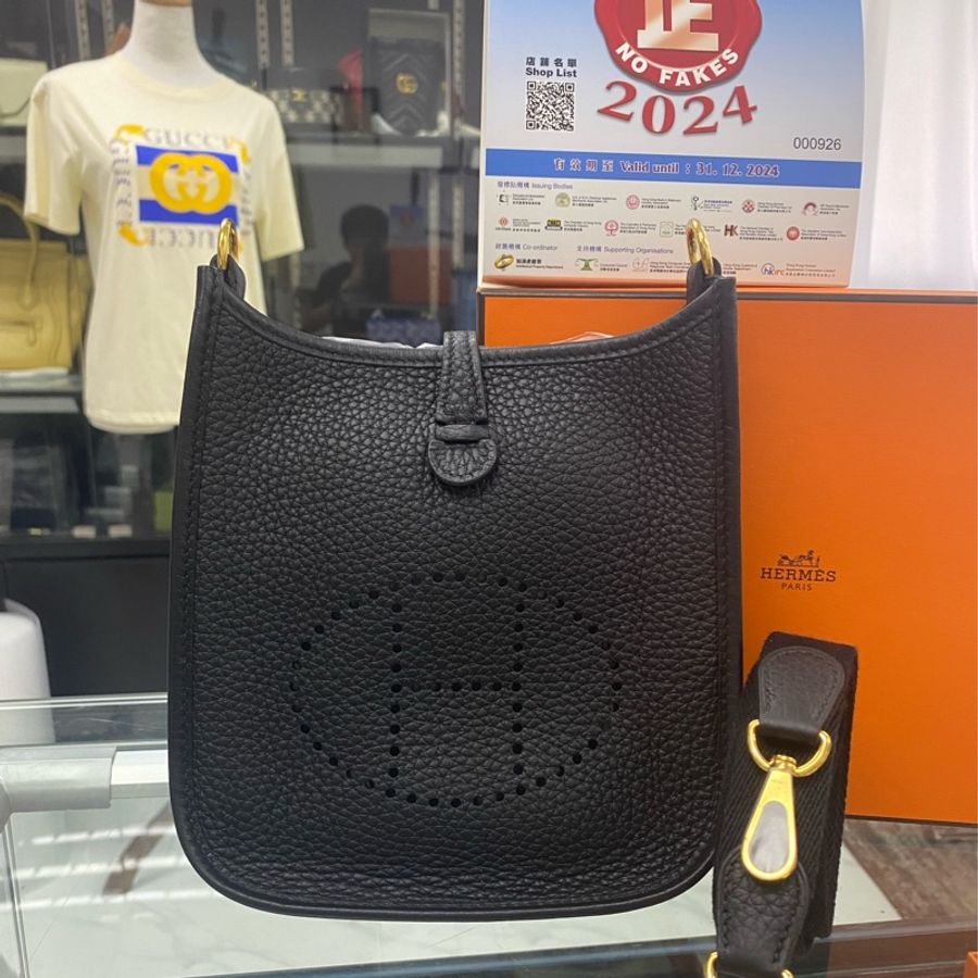 Hermes 愛馬仕 mini evelyne 16 黑色金扣-0