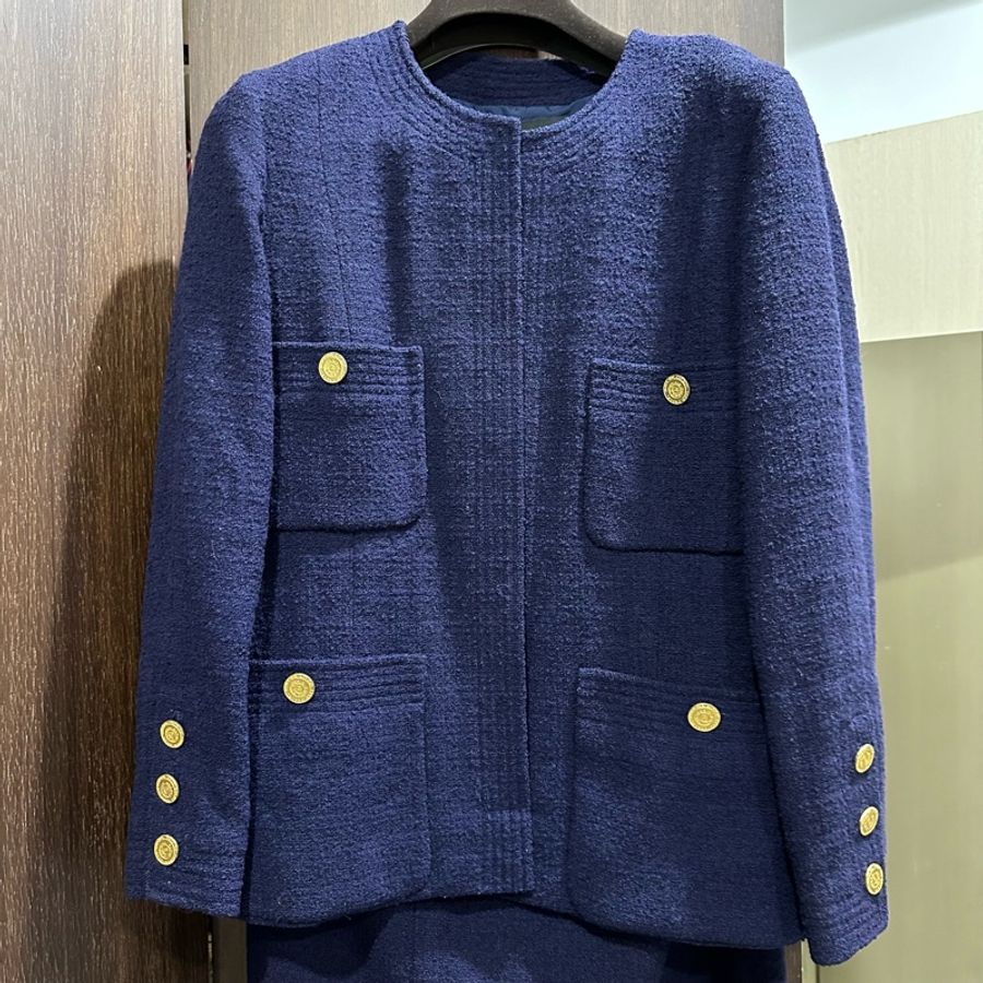 Chanel 香奈兒 深藍色金鈕扣古董經典四口袋全羊毛外套 裙子 套裝 海軍藍毛呢-6