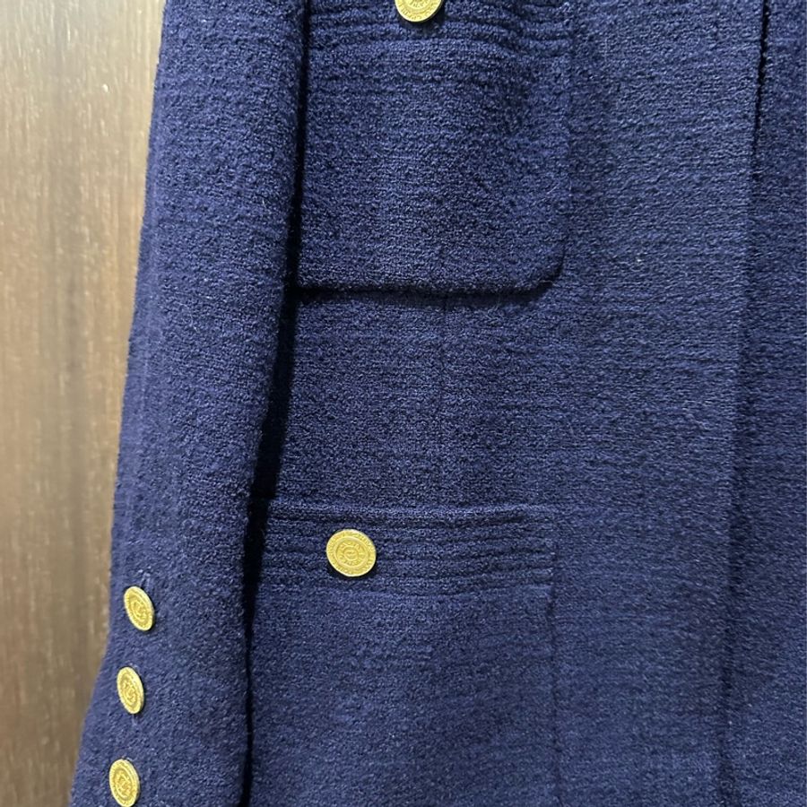 Chanel 香奈兒 深藍色金鈕扣古董經典四口袋全羊毛外套 裙子 套裝 海軍藍毛呢-12