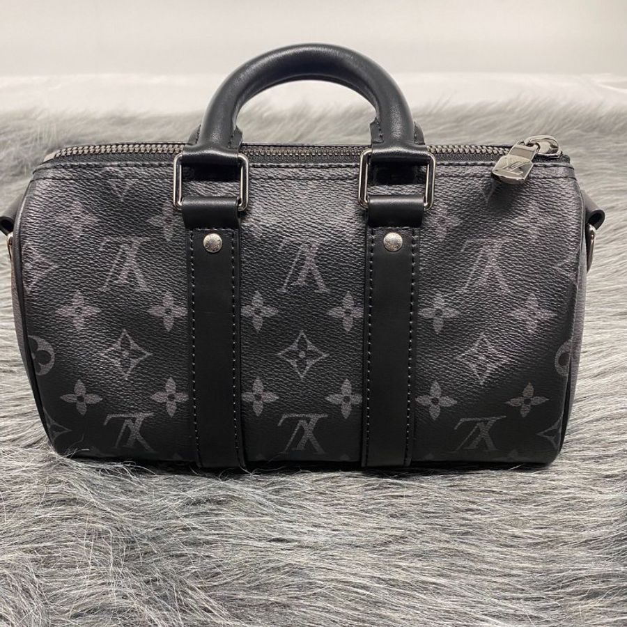 Louis Vuitton LV 黑拼灰老花字紋 Keepall Bandoulière 25手提肩背兩用包-1