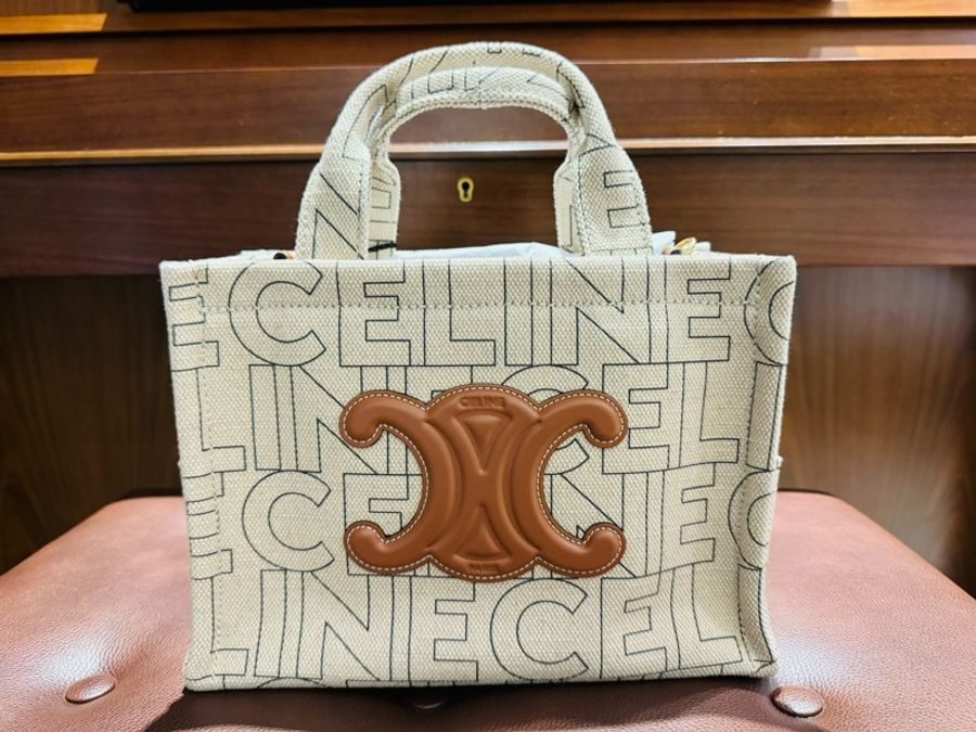 CELINE Cabas ThaisLOGO棕色皮革凱帆布小款托特包-0