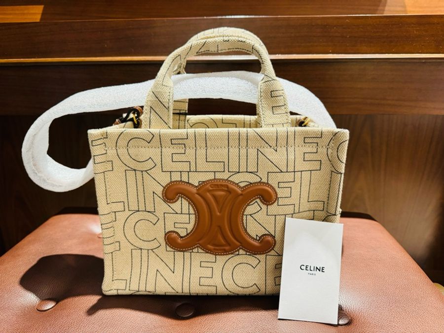 CELINE Cabas ThaisLOGO棕色皮革凱帆布小款托特包-5