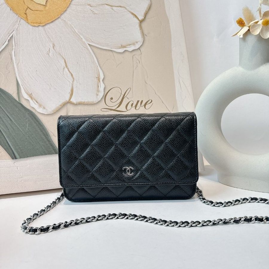 CHANEL 香奈兒 黑色 銀鍊 荔枝皮 WOC-0