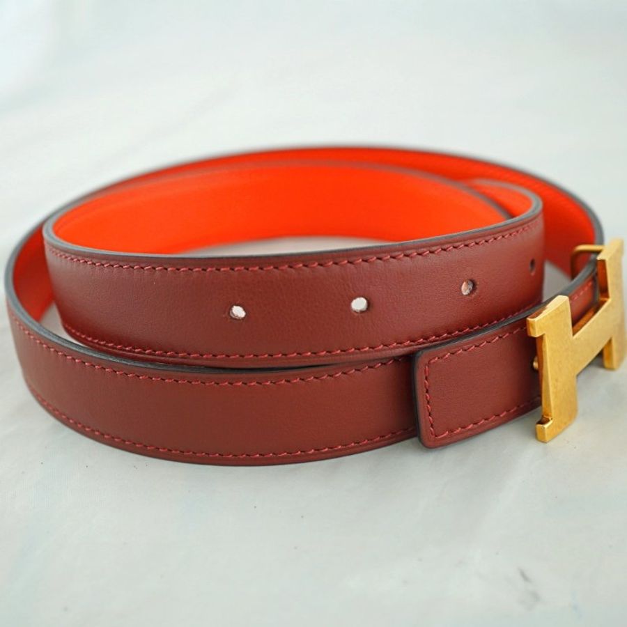 愛馬仕 Hermes Mini Constance Martelee 玫瑰金敲打紋暗紅橘雙面皮帶 / Z刻 24mm(附購證影本)-11
