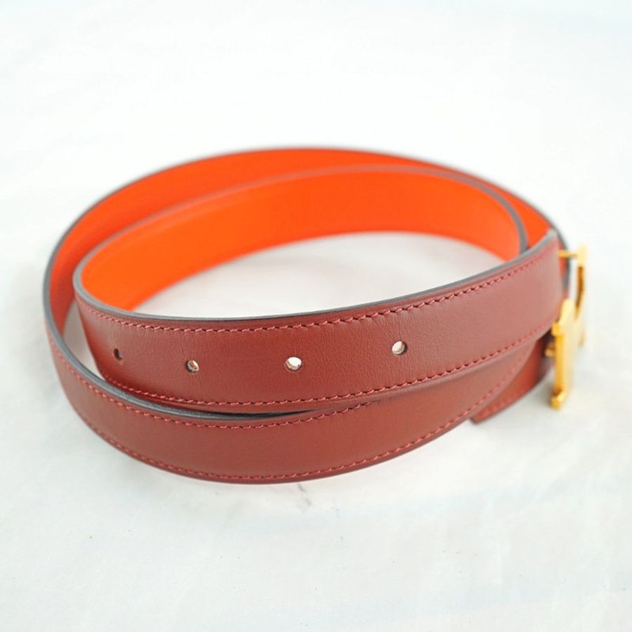 愛馬仕 Hermes Mini Constance Martelee 玫瑰金敲打紋暗紅橘雙面皮帶 / Z刻 24mm(附購證影本)-13